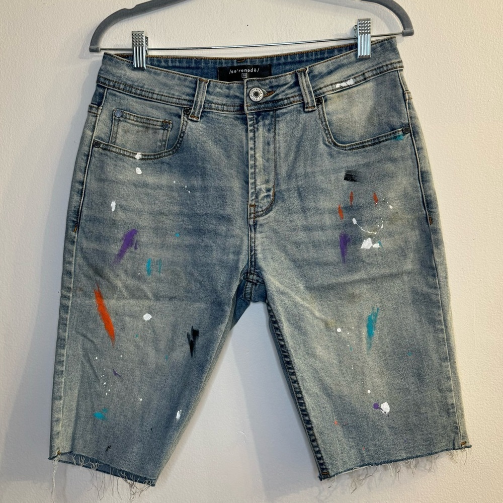 Serenade Mens Distressed Paint Splatter Denim Jean Shorts Jorts Streetwear 32
